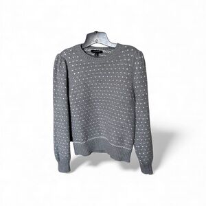 Ann Taylor Gray with White Puff Sleeve Crew Neck Pullover Sweater Size Medium